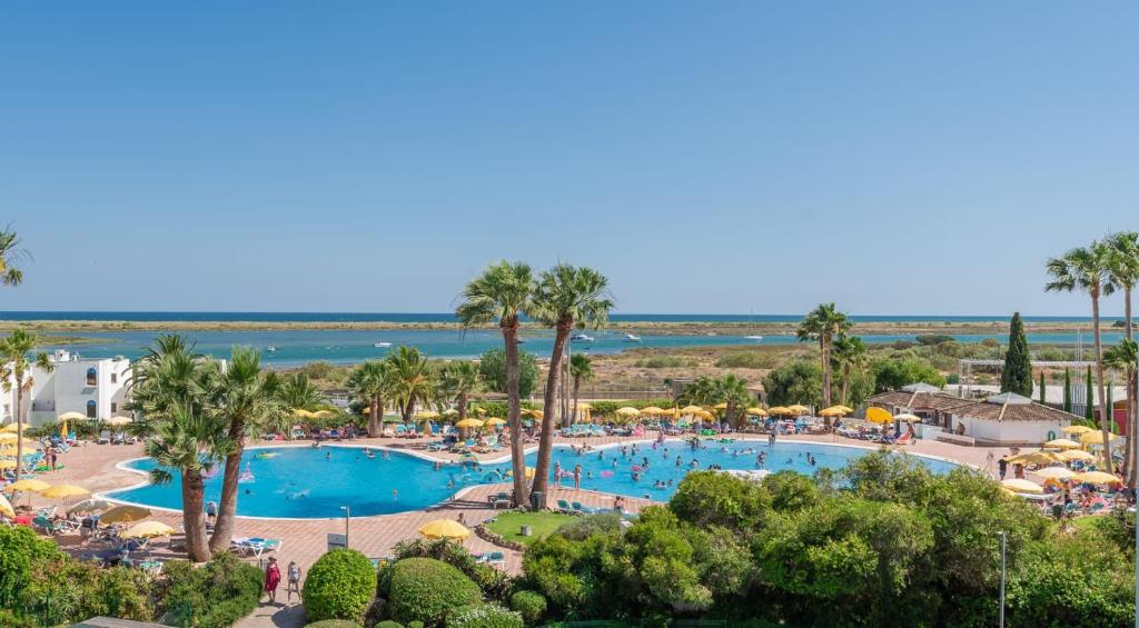 Resort pool framed by palm trees with the Ria Formosa beyond